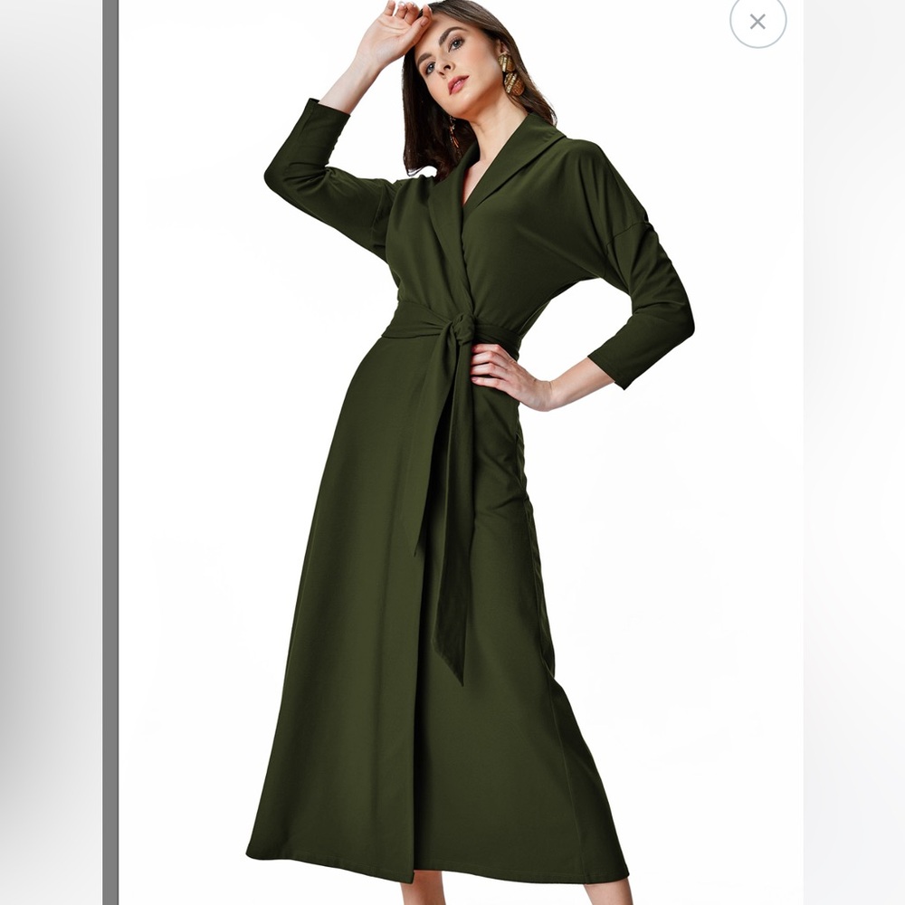 eshakti Green Shawl Collar Cotton Jersey Wrap Dress Size Large‎